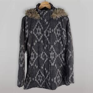 Small Vintage 2000's Fur Trim Lined Pea Coat Full Tilt Gray South Western Print